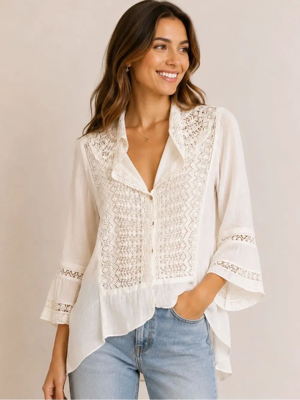 ✨ Burning Torch Ivory Lace Boho Blouse Cotton Silk Anthropologie Style NWOT